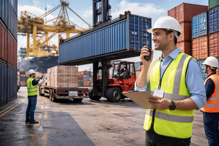 Freight forwarder managing cargo shipment at port