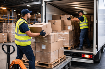 Freight workers loading cargo onto a truck for shipment